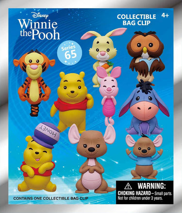 Packaging of Winnie the Pooh collectible bag clips with characters on a blue background
