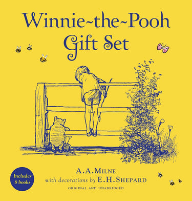Winnie-the-Pooh gift set cover with a child and bear illustration on a yellow background