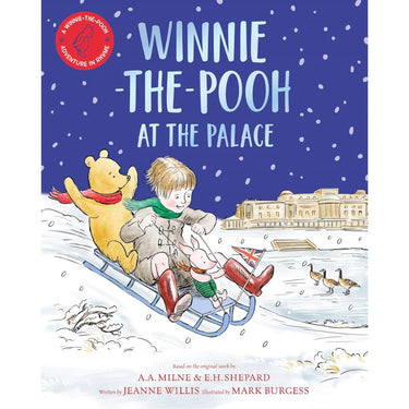 Book cover of 'Winnie the Pooh at the Palace' with a snowy scene, child, and Pooh bear.