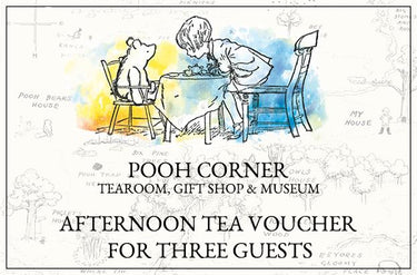 Illustrated afternoon tea voucher for three guests featuring a cartoon bear and a human character at a tea table.