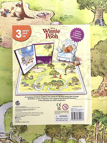 Winnie the Pooh book packaging with illustrations and text on a green background