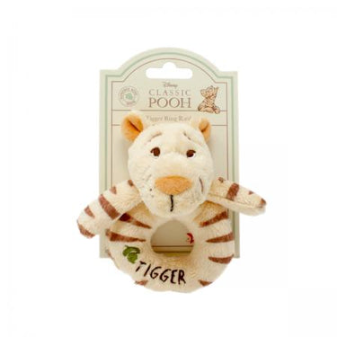 Packaged Hundred Acre Wood Tigger Ring Rattle toy made from plush fabric, predominantly in cream and brown colors, with a rattle inside.