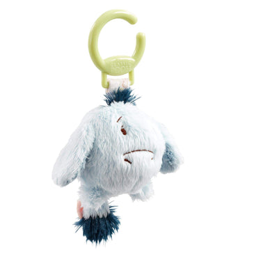 Eeyore plush toy with a green clip on a white background