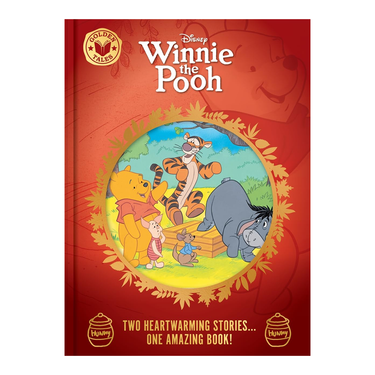 Cover of 'Disney Winnie the Pooh Golden Tales' book featuring illustrations of Winnie the Pooh and friends with a red background.