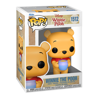 A Funko Pop! Winnie the Pooh figurine, featuring the character in a yellow outfit holding a blue cup, packaged in a window display box with the Disney logo and the number 1512.
