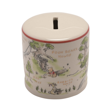 A ceramic money box with illustrations of Winnie the Pooh characters on a white background.