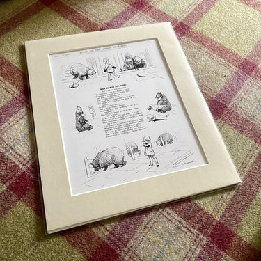 A framed print of a poem titled 'Lines & Squares' with accompanying illustrations, placed on a table with a plaid pattern.