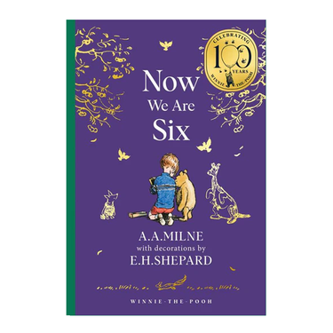 Book cover of 'Now We Are Six' by A.A. Milne with decorations by E.H. Shepard on a purple background.