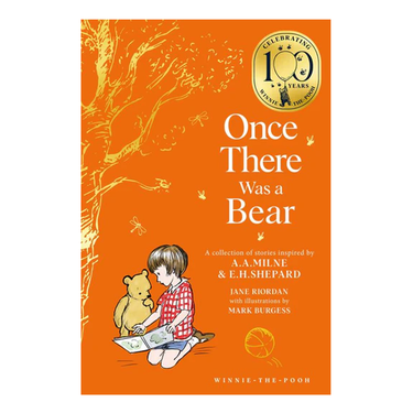 Book cover of 'Once There Was a Bear' with a child and bear illustration on an orange background.