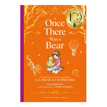 Book cover of 'Once There Was a Bear' with illustration of a child and bear, on an orange background.