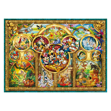Disney character collage with Mickey Mouse in the center, surrounded by various animated characters, on a decorative gold frame background.