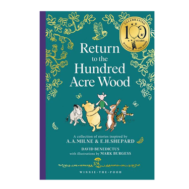 Book cover of 'Return to the Hundred Acre Wood' with illustrations of Winnie the Pooh and friends on a teal background.