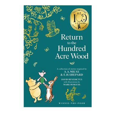 Book cover of 'Return to the Hundred Acre Wood' with illustrations of Winnie the Pooh and friends on a teal background.