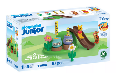 Playmobil Junior Winnie the Pooh toy set packaging with characters and elements.