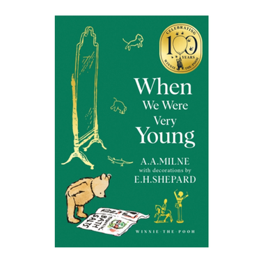 Book cover of 'When We Were Very Young' by A.A. Milne with illustrations and a green background.