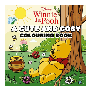 Winnie the Pooh coloring book cover with a bear sitting under a tree, surrounded by flowers and a beehive.