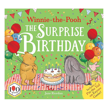 Book cover of 'The Surprise Birthday' featuring Winnie the Pooh, Eeyore, and Piglet with balloons and a cake.