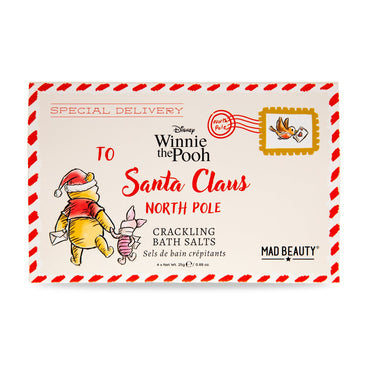 Winnie the Pooh-themed bath salts packaging with a festive design.