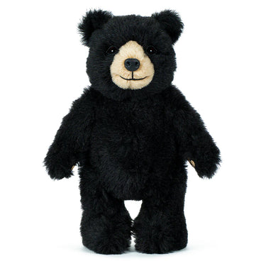 Black teddy bear with a beige muzzle on a white background