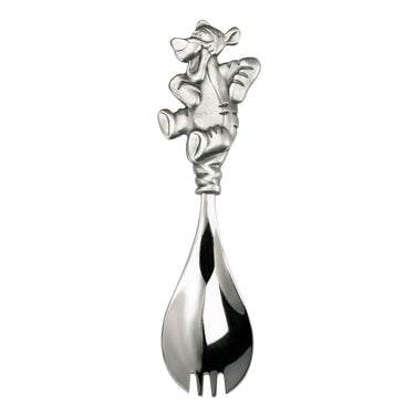 A stainless steel spork with a pewter handle shaped like the character Tigger from Winnie the Pooh.