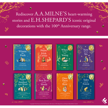 Promotional image for A.A. Milne and E.H. Shepard book collection with book covers on a purple background.