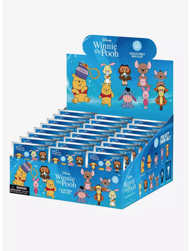 Display of Winnie the Pooh collectible bag clips with characters on a white background