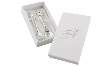 Silver spoon and fork set in a white box with Disney logo.