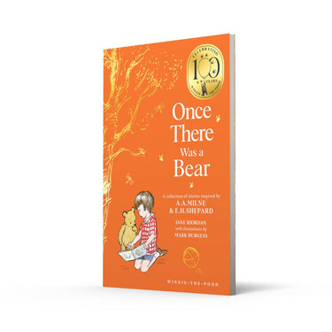 Book cover of 'Once There Was a Bear' with a child and bear illustration on an orange background.