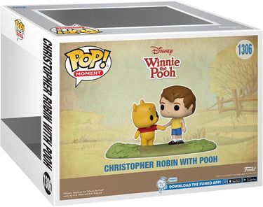 Funko Pop! Moment packaging featuring Christopher Robin and Pooh with a Winnie the Pooh background.