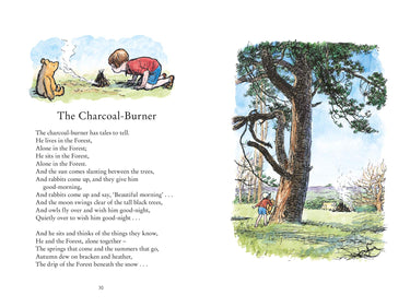Illustrated book page with a child and bear near a tree, accompanied by text.