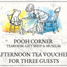 Illustrated afternoon tea voucher for three guests featuring a cartoon bear and a human character at a tea table.