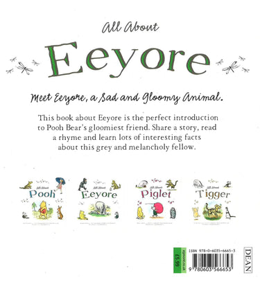 Back cover of a children's book titled 'All About Eeyore' on a white background, with descriptive text and small illustrations