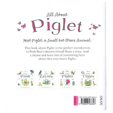 Back cover of a children's book titled 'All About Piglet' showing the title in large pink lettering, descriptive text, small illustrations of Piglet's other books, and a barcode at the bottom right.