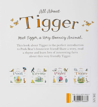 Back cover of a children's book titled "All About Tigger," showing the title in large decorative lettering and a short descriptive blurb