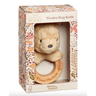 A plush toy of Winne the Pooh Bear attached to a wooden ring rattle, presented in an illustrated gift box with 'Classic Pooh' branding and 'Always & Forever' text.