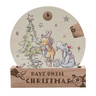 A round, wooden advent calendar featuring Winnie the Pooh and friends around a Christmas tree, with a rotating wheel and engraved numbers.