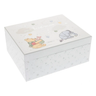 A white rectangular Christmas themed keepsake box with illustrations of Winnie the Pooh, Piglet, and Eeyore, and a festive snowflake pattern.