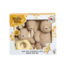 Winnie the Pooh soft toy, comforter, and rattle gift set packaging on a white background