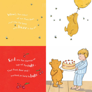 Illustration of a boy and Pooh Bear with a cake and balloons, featuring text about colors.