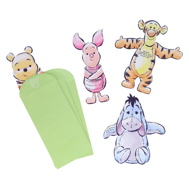 Set of Winnie the Pooh Note Cards with a green envelope on a white background