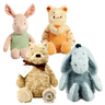 A collection of soft plush toys featuring characters from Winnie the Pooh, including Winnie the Pooh himself, Eeyore, Piglet, and Tigger.