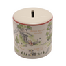 A ceramic money box with illustrations of Winnie the Pooh characters on a white background.