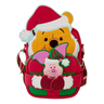 Backpack with cartoon character design featuring a Winnie the Pooh and piglet in festive attire.