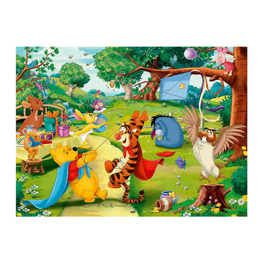 Cartoon scene with Winnie the Pooh and friends in a forest setting