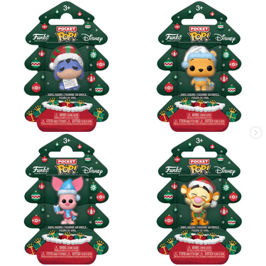 Four Funko Pocket Pop! Disney figures in Christmas-themed packaging on a white background.