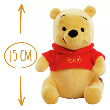 Plush toy Pooh wearing a red shirt with 'Pooh' printed on it, size indicated as 15 CM.