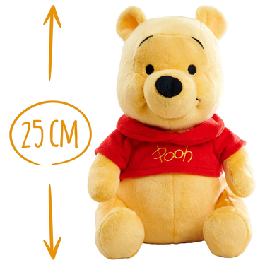 Plush toy bear with a red shirt labeled 'Pooh' on a white background, showing measurement of 25 cm.