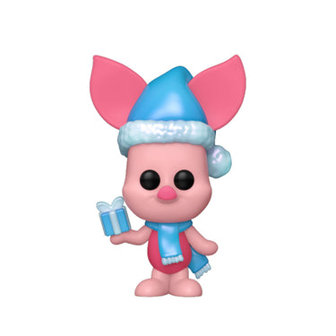 Pink character with blue hat and scarf holding a gift, on a white background