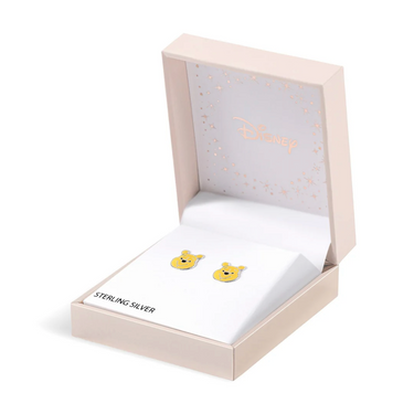 Winnie the Pooh earrings in a branded jewelry box on a white background