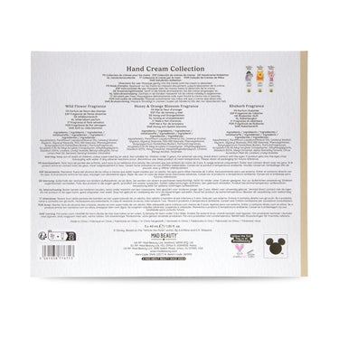 The back cover of a fragrance collection booklet or box, titled 'Hand Cream Collection' by Mad Beauty, featuring product descriptions, ingredient lists, and logos on a white background.